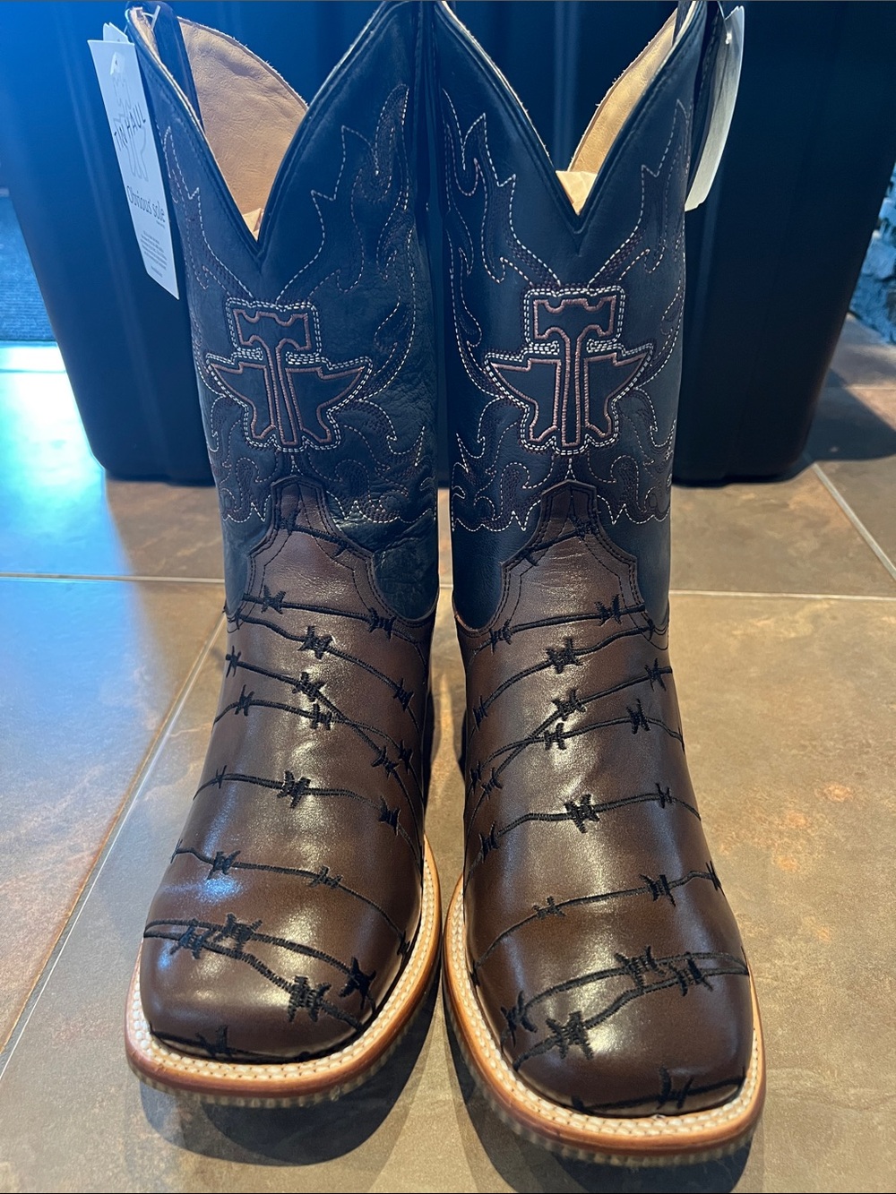 Tin Haul Brown & Black Barbed Wire Embroidered Western Boots